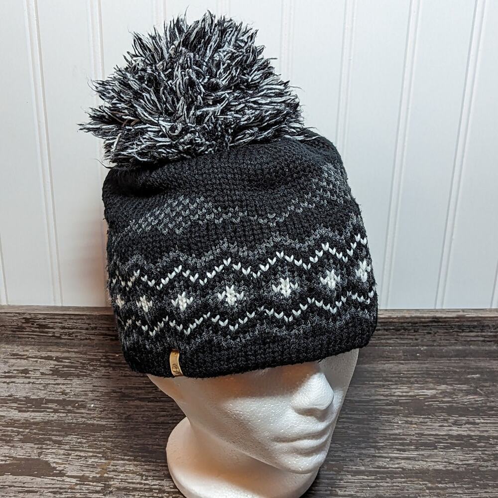 Timberland Women's Fleece Lined Black White Winter Hat With Pom OSF